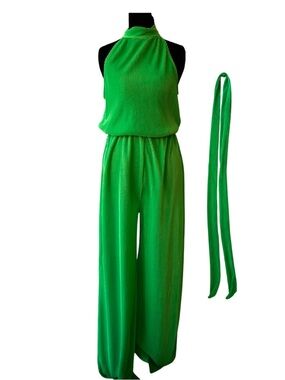 Event Green halter-neck wide-leg jumpsuit with removable waist sash. Size:L